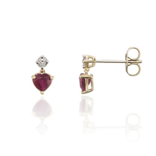 9ct Yellow Gold Heart Ruby & Diamond Drop Earrings