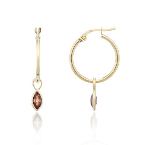 9ct Yellow Gold Garnet Drop Hoop Earrings