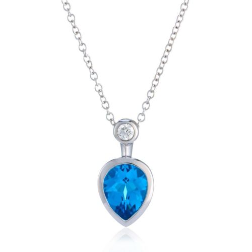 9ct White Gold Blue Topaz & Diamond Pendant