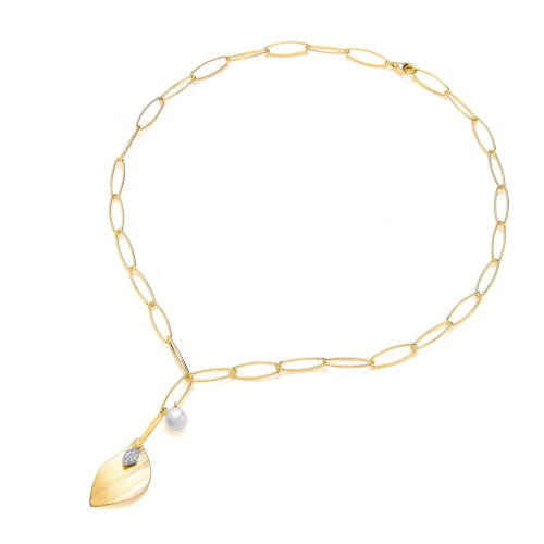 Silver Vermeille Bark Effect Leaf, Pearl & Cubic Zirconia Necklet