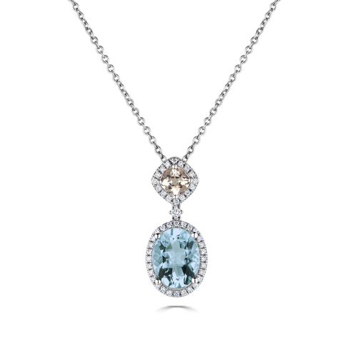 18ct White Gold Aquamarine, Morganite & Diamond Pendant