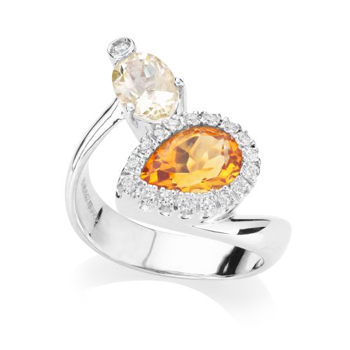 18ct White Gold Pear Shaped Citrine & Quartz Two Stone Ring